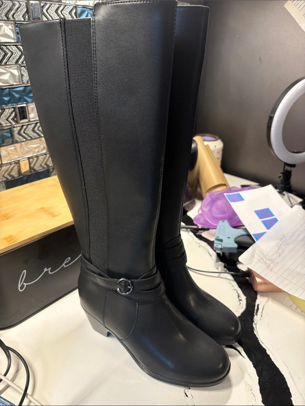 Clarks Black Over-the-Knee Riding Boots with Ankle Strap Detail